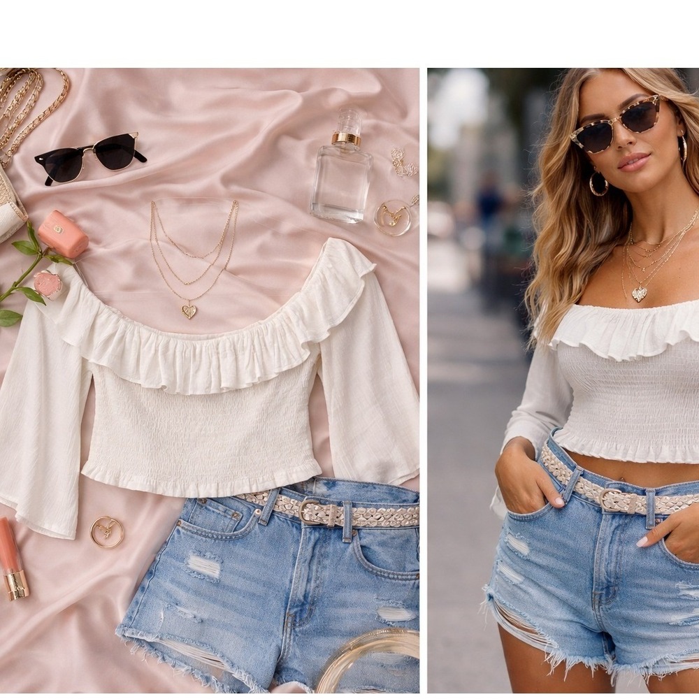 Blue Life Off Shoulder Smocked Crop Top Bell Sleeve Boho Festival White M